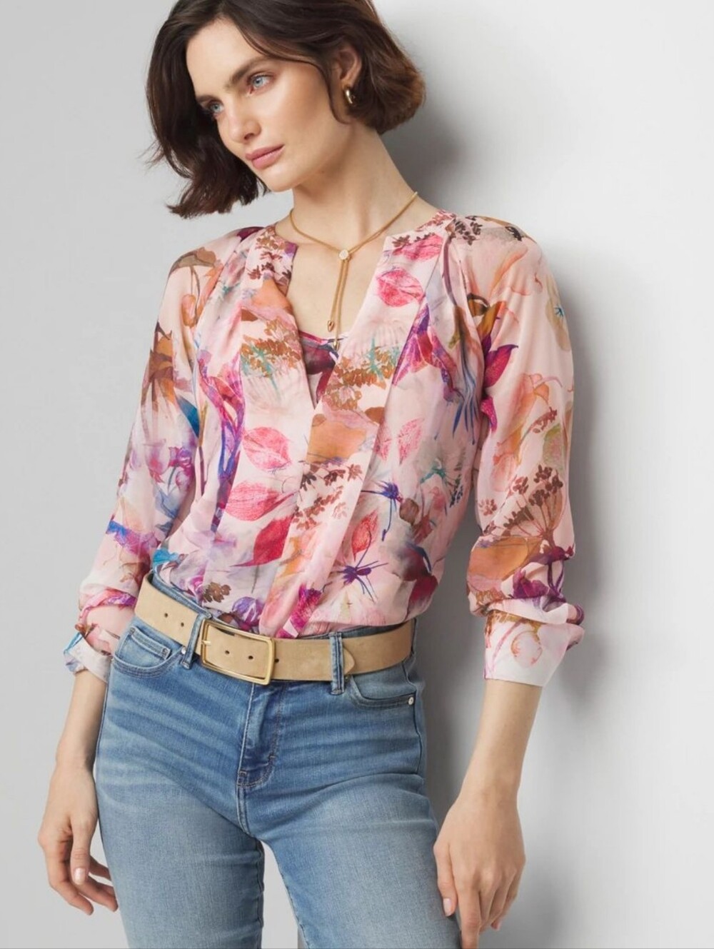 NWT White House Black Market Sheer Pleated Pink Floral Blouse Size XS